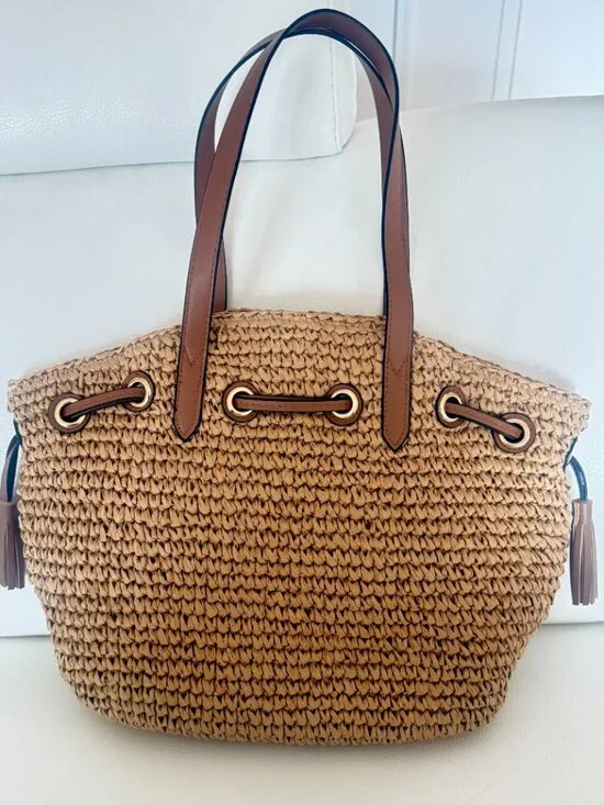 NWT TOMMY BAHAMA STRAW WOVEN TOTE SHOULDER BAG NATURAL BROWN - Picture 4 of 6